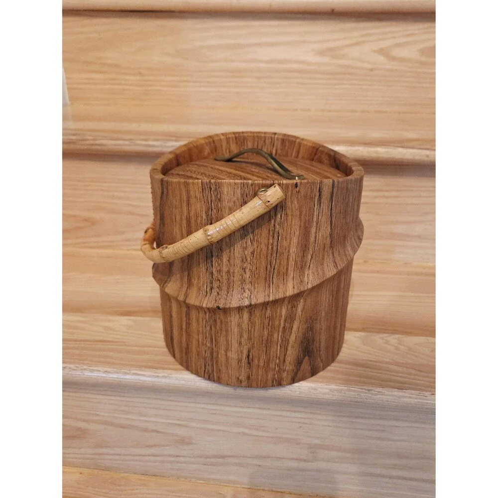Vintage MCM Kraftware Faux Wood Ice Bucket with Bamboo Handle Made in USA